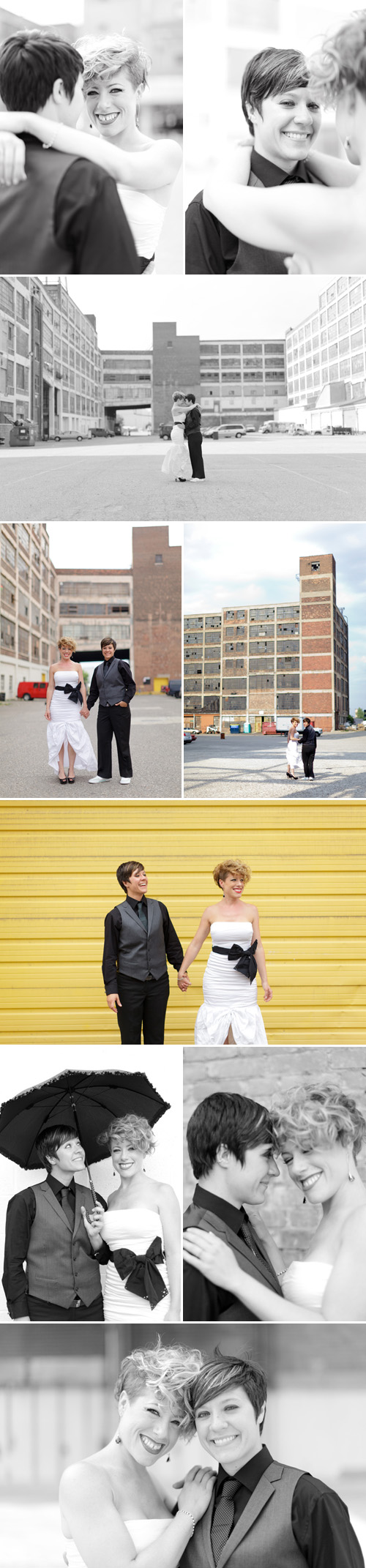 colorful orange, green, black and white same-sex wedding at the Russell Industrial Center in Detroit, Michigan, photos by Alli McWhinney