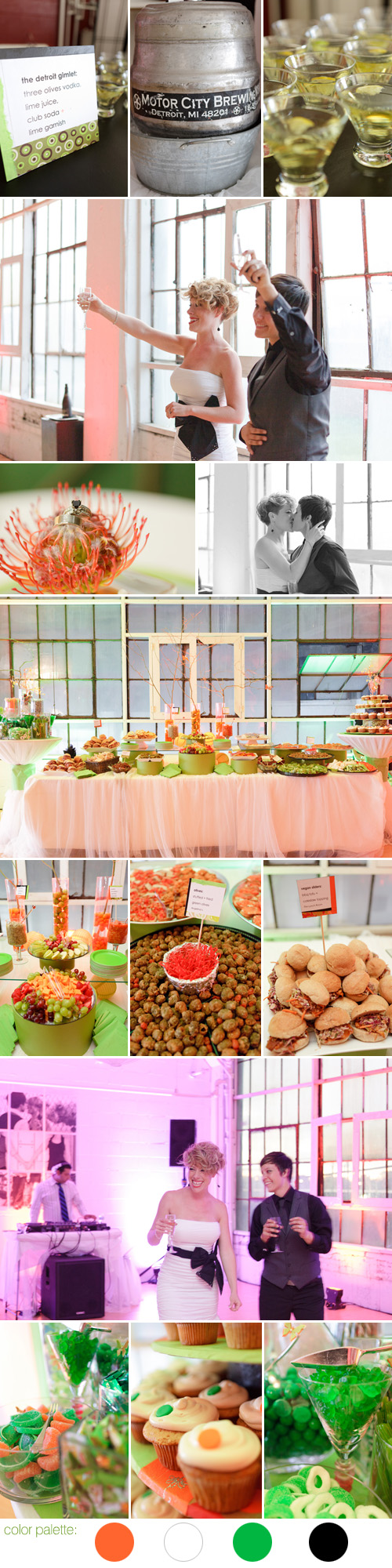 colorful orange, green, black and white same-sex wedding at the Russell Industrial Center in Detroit, Michigan, photos by Alli McWhinney