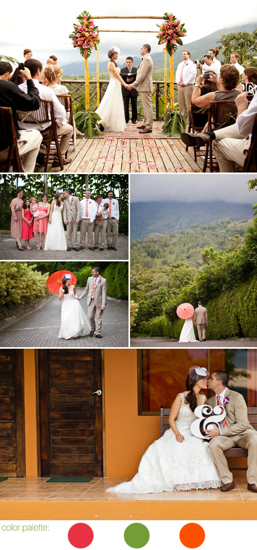 coral pink, olive green and tropical orange destination wedding in La Fortuna, Costa Rica, photos by A Brit and a Blonde