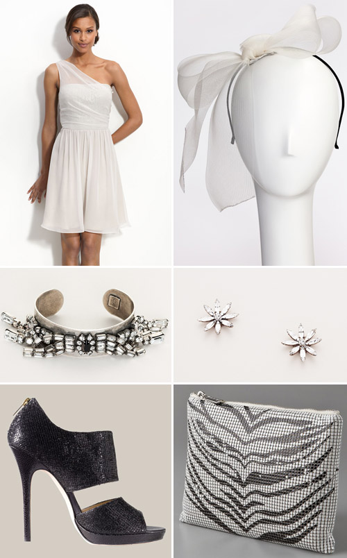 hip, alternative short modern wedding dress and playful accessories with Swarovski crystal flower earrings by Janis Savitt at The Aisle New York