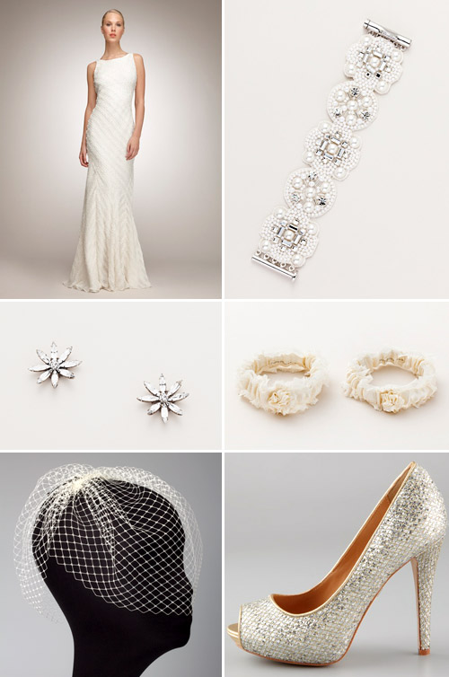 sophisticated modern wedding dress and elegant wedding accessories with Swarovski crystal flower earrings by Janis Savitt at The Aisle New York