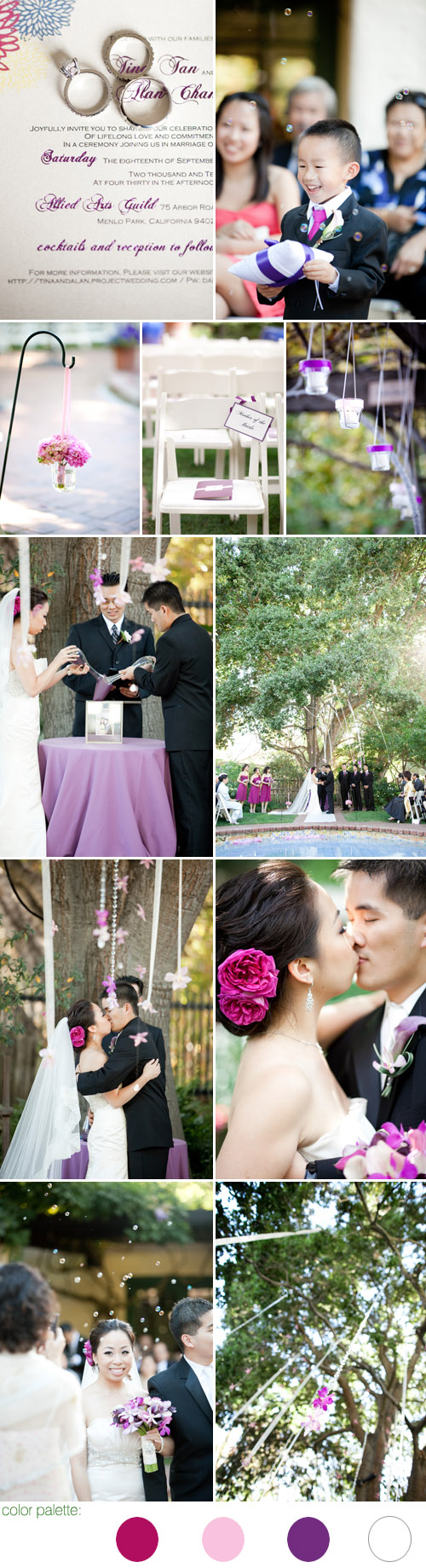 fuchsia, pink, purple and ivory wedding at the Allied Arts Guild in Menlo Park, California, photo by Caroline Tran Photographer