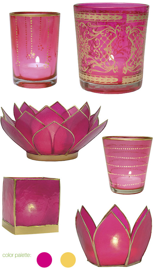 gold, fuschia and pink wedding candle holders, god gilded wedding decor from LunaBazaar.com