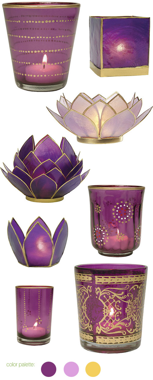 gold, purple, plum and lilac wedding candle holders, god gilded wedding decor from LunaBazaar.com