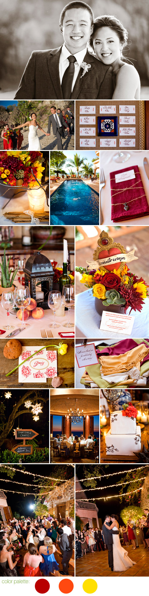 destination wedding at Villa Estrella Mar in Puerto Vallarta, Mexico, poppy, marigold and sangria red wedding color palette, photos by KLK Photography