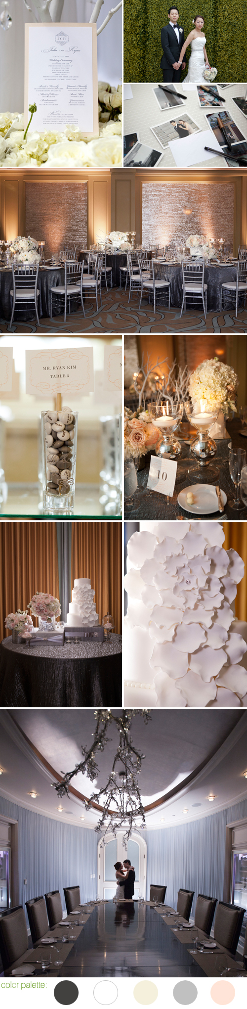 charcoal gray, silver, white and peach oceanside wedding at The Ritz-Carlton Laguna Niguel Dana Point, CA, planned by Details, Details and photographed by Roberto Valenzuela Photography