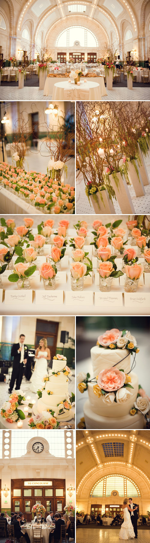 romantic ivory, gold, champagne and peach wedding floral decor at Union Station, Seattle, photos by Stephanie Cristalli Photography