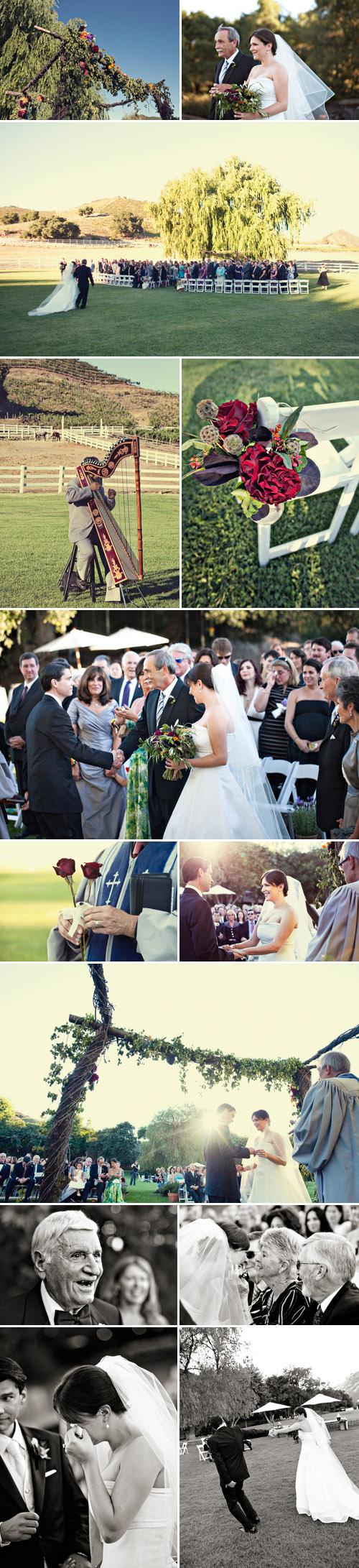 rustic elegant wedding at Saddlerock Ranch in Malibu, California, outdoor wedding, navy, burgundy, fuchsia and orange wedding colors, photos by Joy Marie Photography