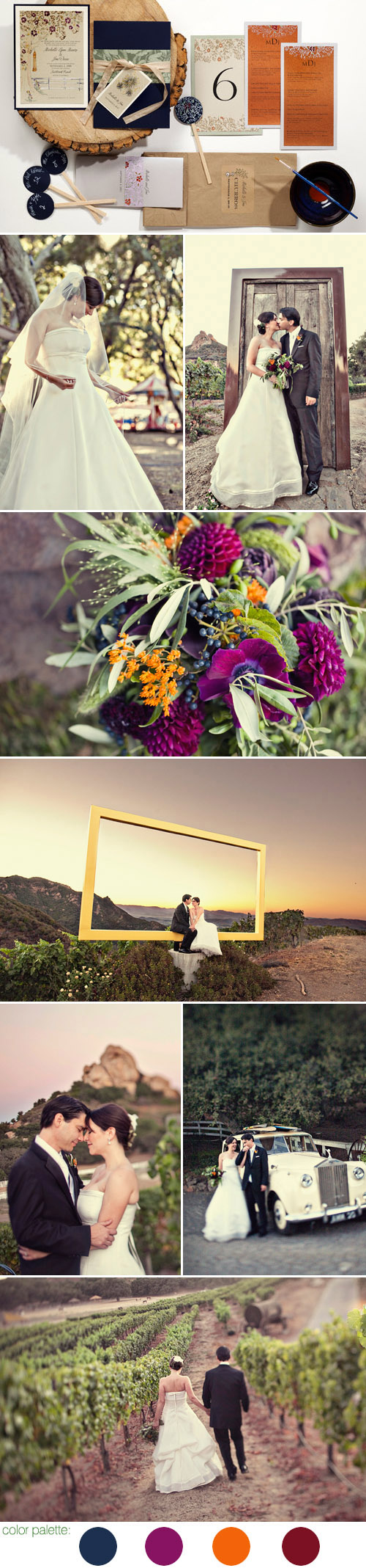 rustic elegant wedding at Saddlerock Ranch in Malibu, California, outdoor wedding, navy, burgundy, fuchsia and orange wedding colors, photos by Joy Marie Photography