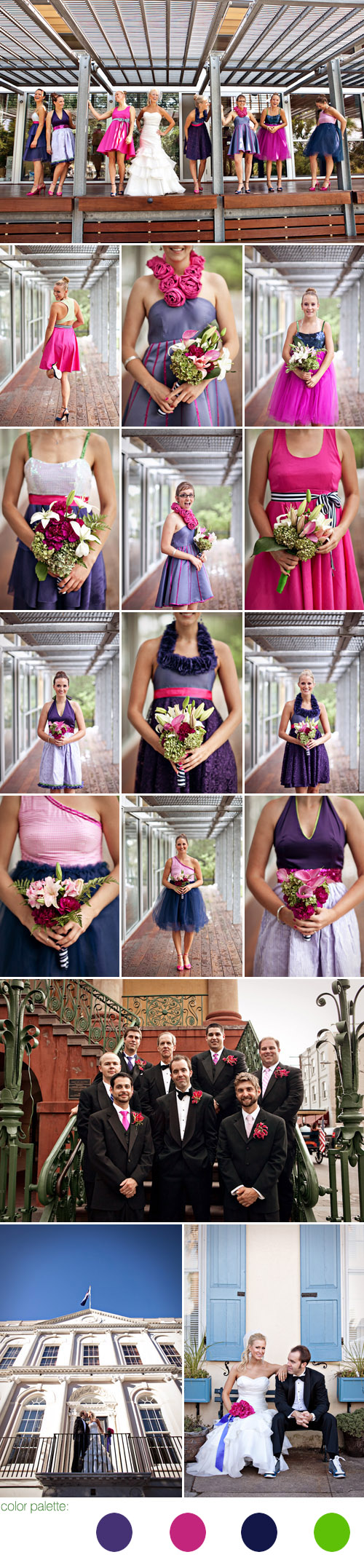 backyard garden wedding on Shem Creek in Mt. Pleasant, South Carolina, purple, fuchsia, navy and lime green wedding color palette, photography by Caroline Ghetes