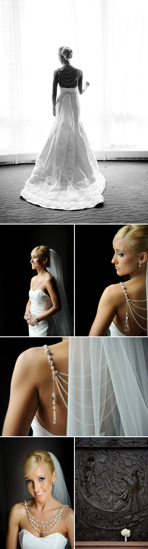 elegant Chicago wedding at Trump Tower, stylish wedding dress and bridal necklace, classic black tuxedo, wedding photos by Nakai Photography 