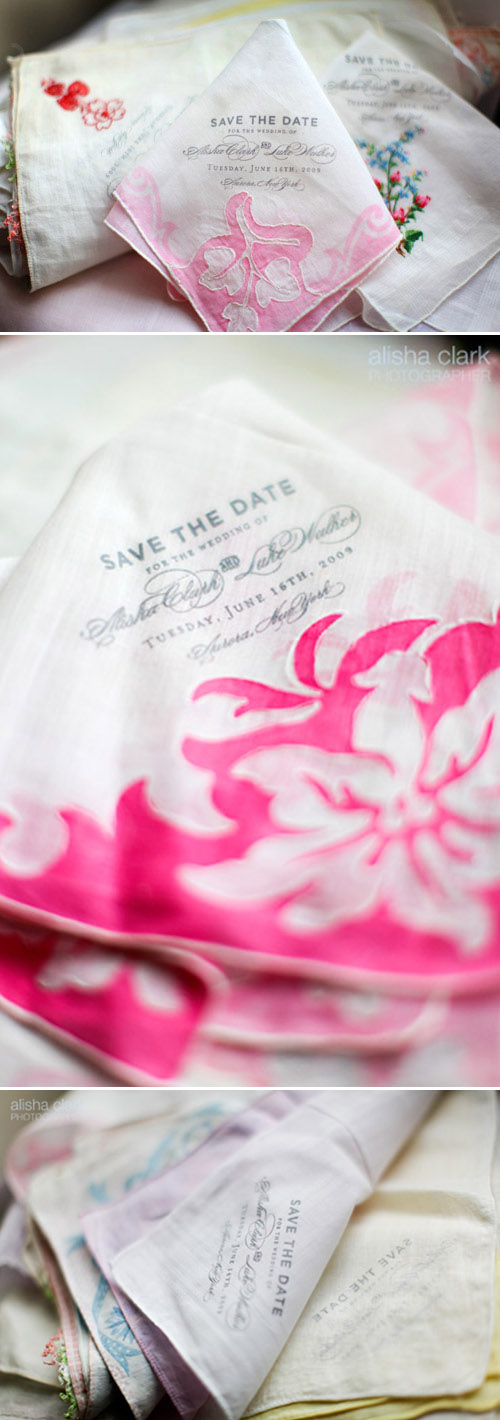 vintage handkerchief wedding save the dates from Lucky Luxe