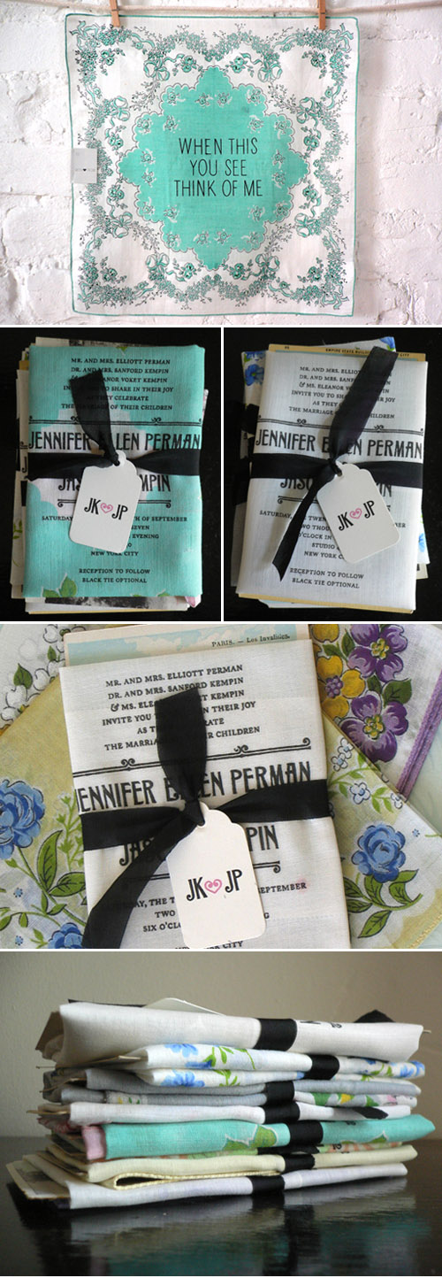 vintage handkerchief wedding invitations and save the dates from Bird and Banner