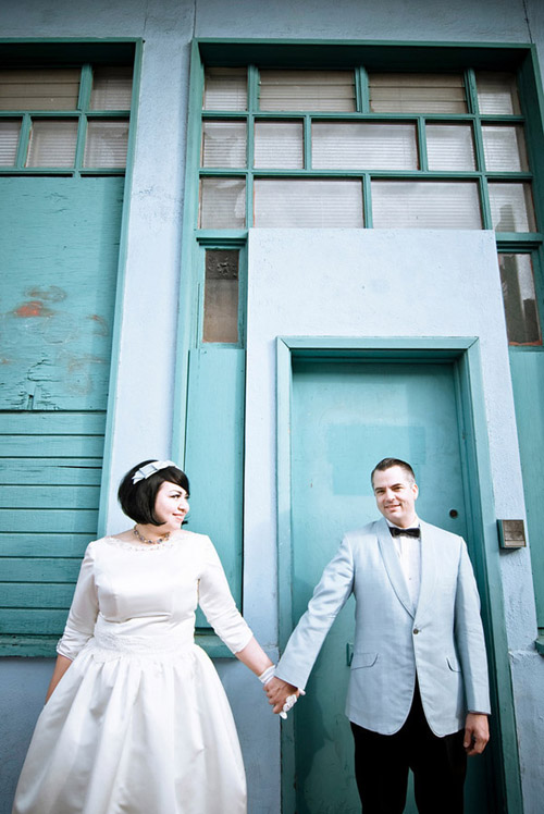 vintage inspired California tiki bar wedding, light blue and mustard yellow wedding color palette, photos by Julie Pepin Photography