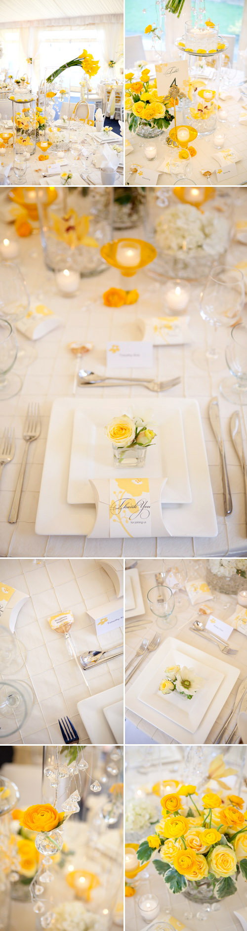 yellow and white wedding table top design from Woodmark Weddings and Fena Flowers, images by Junebug Weddings