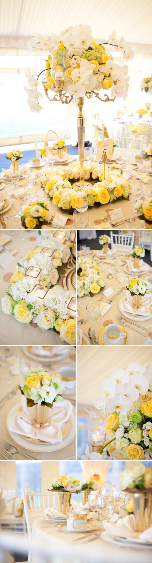 yellow and white wedding table top design from Woodmark Weddings and Fena Flowers, images by Junebug Weddings