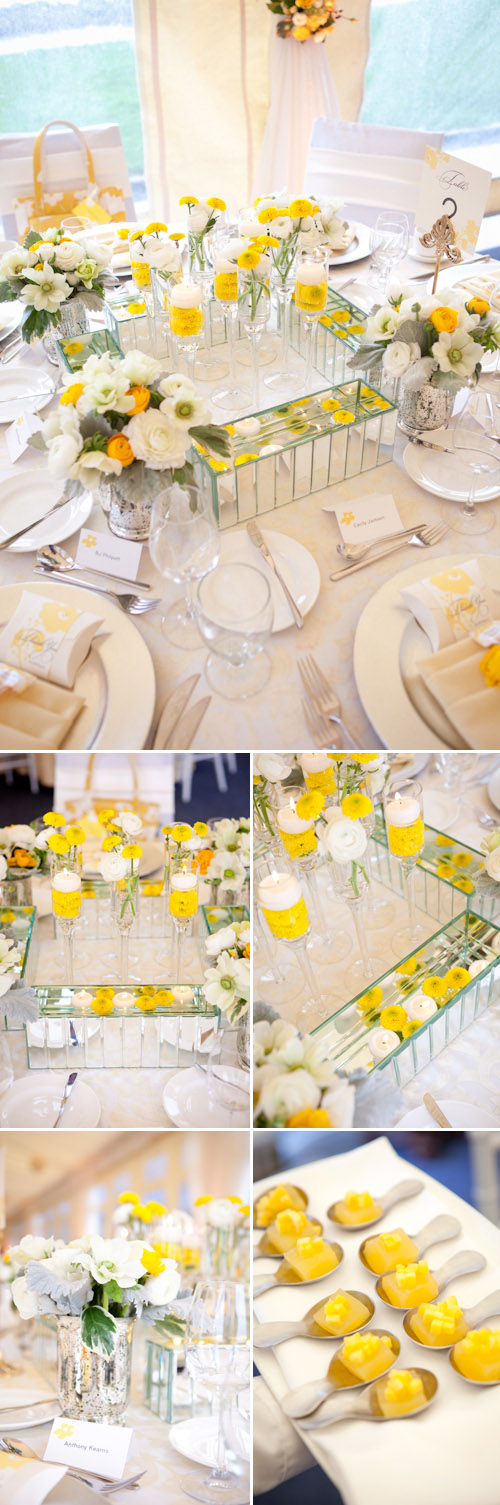 yellow and white wedding table top design from Woodmark Weddings and Fena Flowers, images by Junebug Weddings