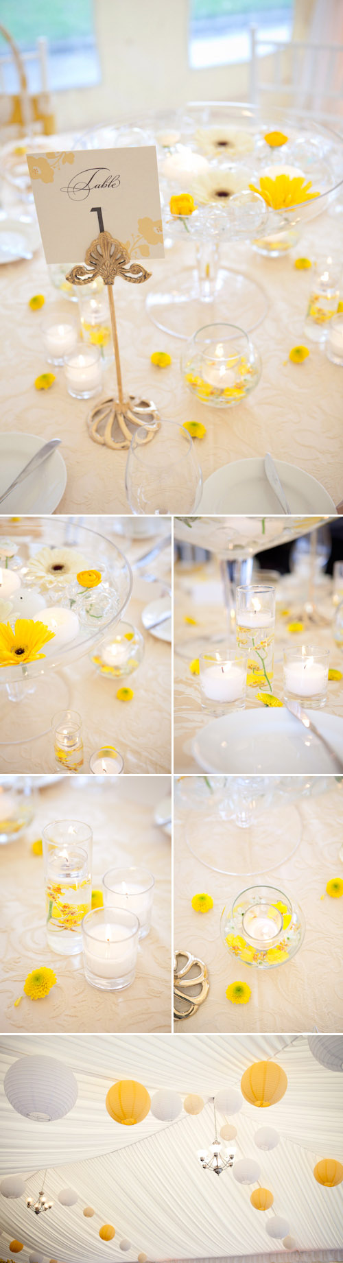 yellow and white wedding table top design from Woodmark Weddings and Fena Flowers, images by Junebug Weddings