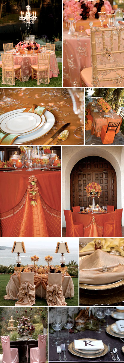 Wildflower Linens, orange, cream, gold wedding color palettes, tabletop linen rental for weddings and special events