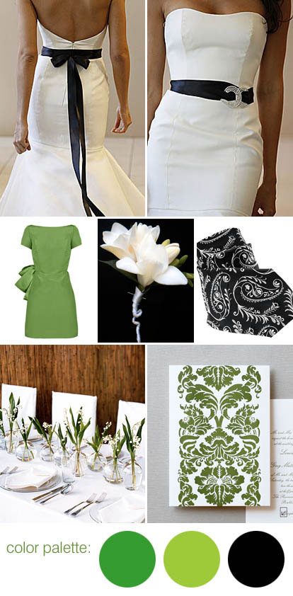 black, white and green wedding color palette and inspiration board