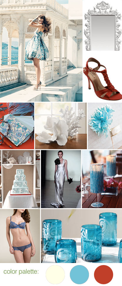 blue, red and cream wedding color palette and inspiration board