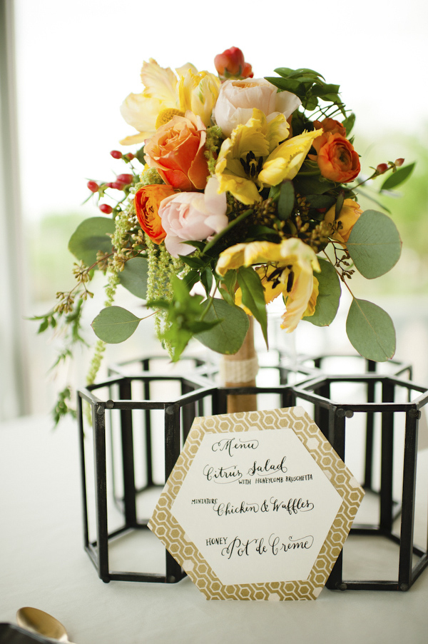 hexagon honeycomb styled shoot, photos by Spindle Photography, styling and planning by Kelly Dellinger Events | via junebugweddings.com