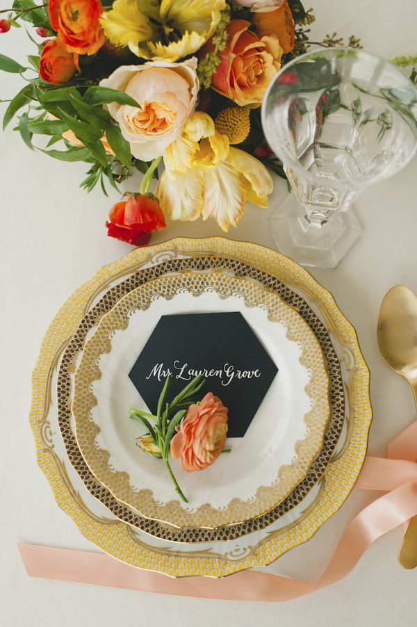 hexagon honeycomb styled shoot, photos by Spindle Photography, styling and planning by Kelly Dellinger Events | via junebugweddings.com