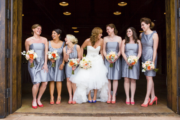 peach, coral, grey wedding at Swiftwater Cellars, photo by La Vie Photography | via junebugweddings.com