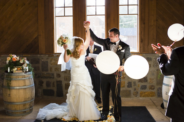 peach, coral, grey wedding at Swiftwater Cellars, photo by La Vie Photography | via junebugweddings.com