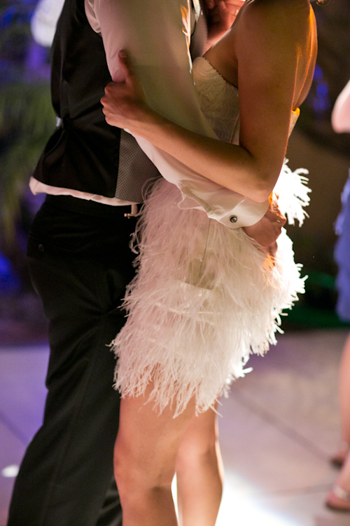 short strapless white feather reception dress