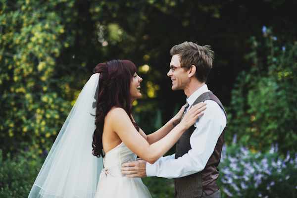 garden wedding first look, photo by Erik Clausen | via junebugweddings.com