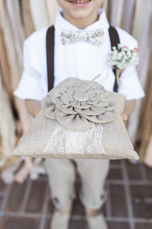 burlap ring bearer pillow, photo by Rachel Solomon | via junebugweddings.com