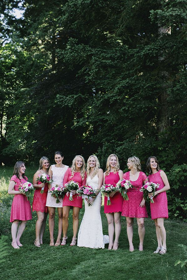 short pink mismatched bridesmaids dresses