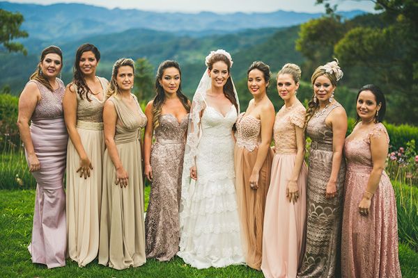 long champagne and pink mismatched bridesmaids dresses