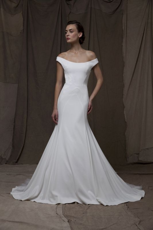 Lela Rose minimalistic off-the-shoulder wedding dress