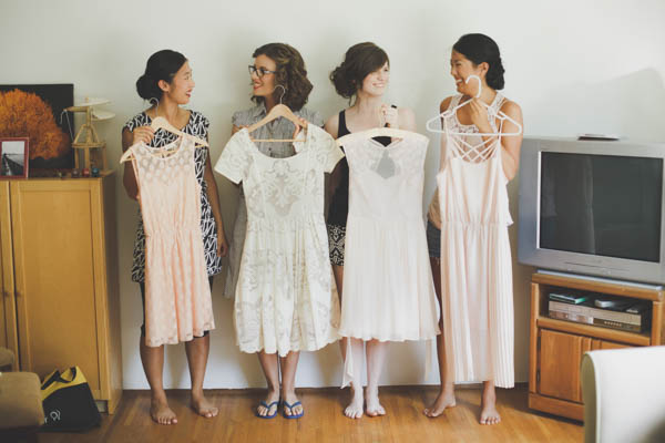 mismatched ivory and pink bridesmaids' dresses