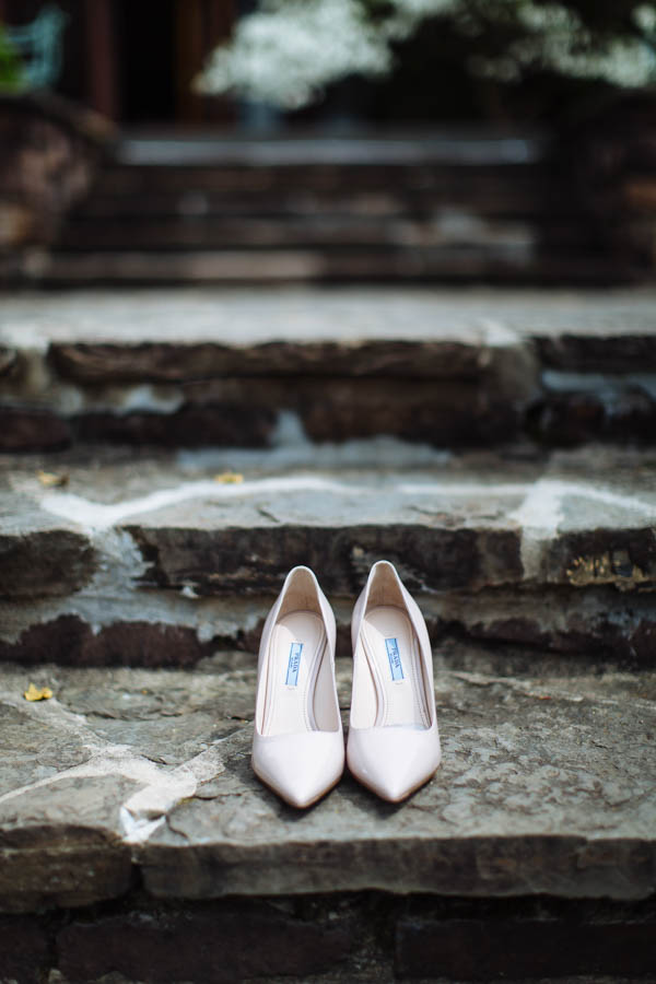 romantic country club wedding blush bridal shoes by Prada, photo by Clay Austin Photography | via junebugweddings.com