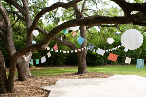 backyard wedding vintage flag banner decor