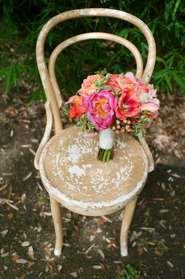 vibrant coral, pink, and purple wedding bouquet