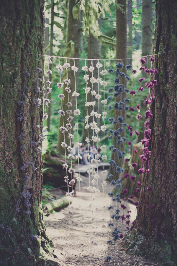 romantic camp wedding ceremony hanging floral decor