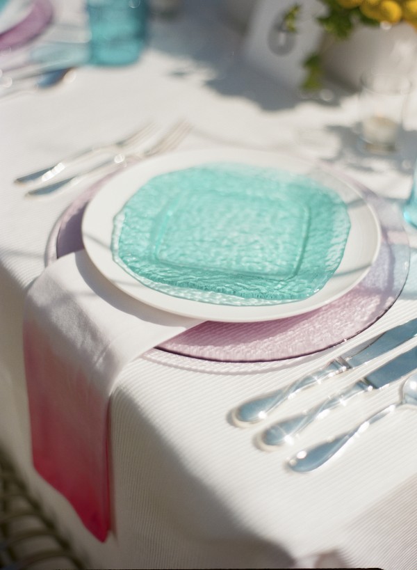 teal and pink place setting