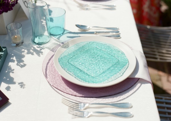 teal and pink place setting