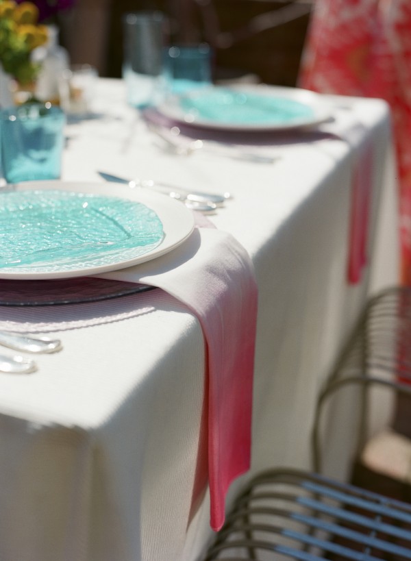 teal and pink place setting