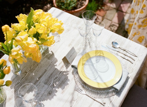 gray and yellow table setting