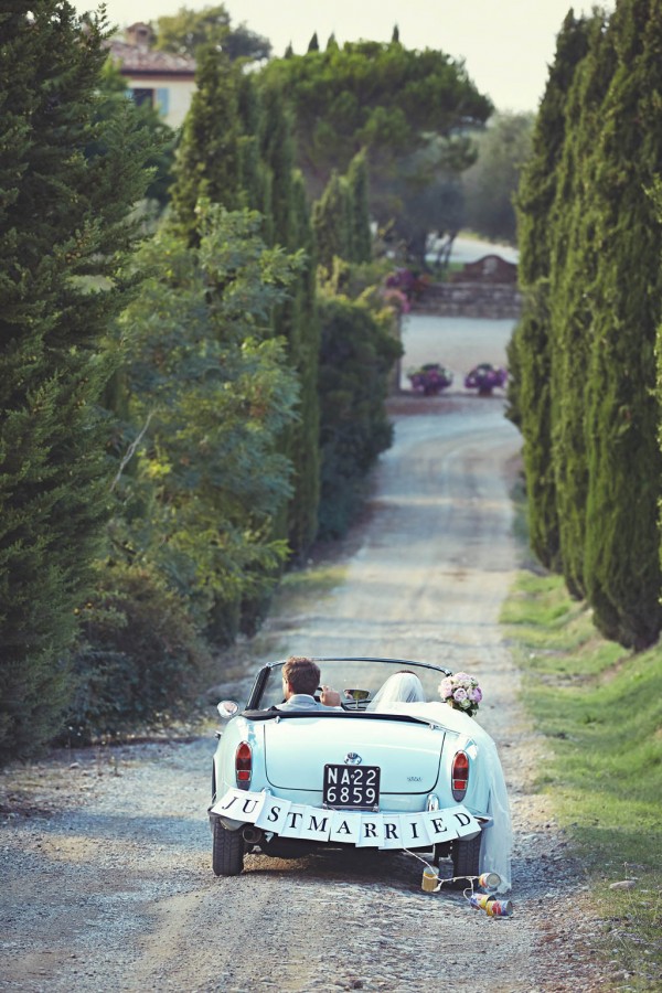 adorable just married car in Italy