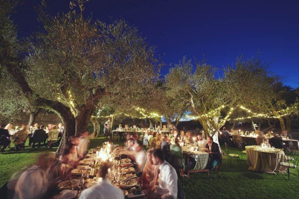 romantic reception space with lights in the trees