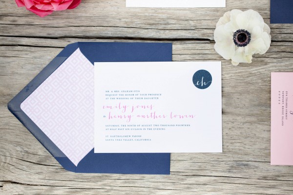 navy and pink wedding invites