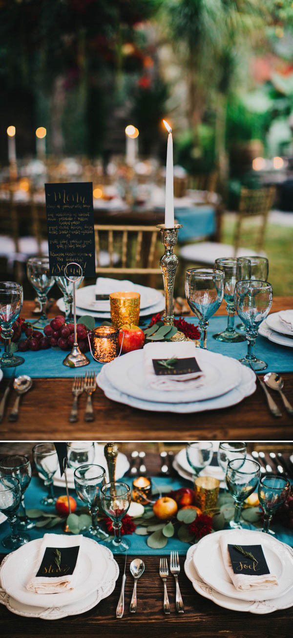 jewel tone farm table setting