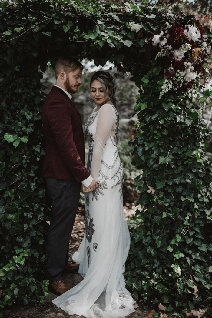 maroon and silver wedding dress