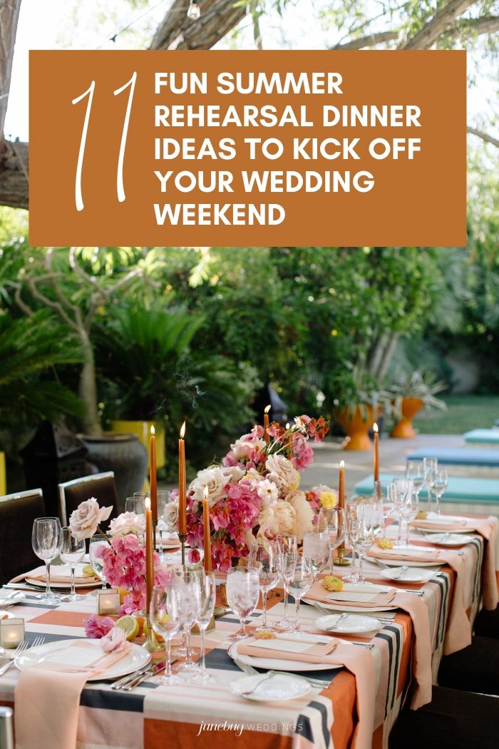 summer rehearsal dinner ideas graphic with an outdoor tablescape